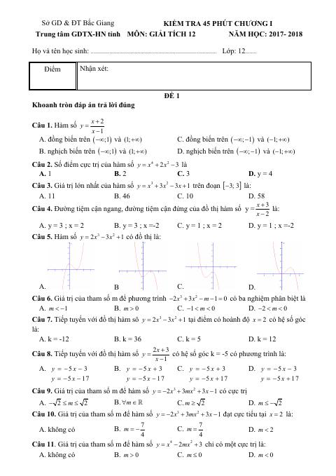 Đề kiểm tra 45 phút Giải tích 12 chương 1 (Hàm số) năm học 2017 – 2018 trung tâm GDTX – HN Bắc Giang